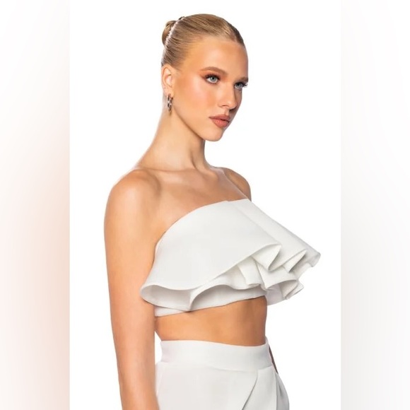White top with ruffles and midi skirt